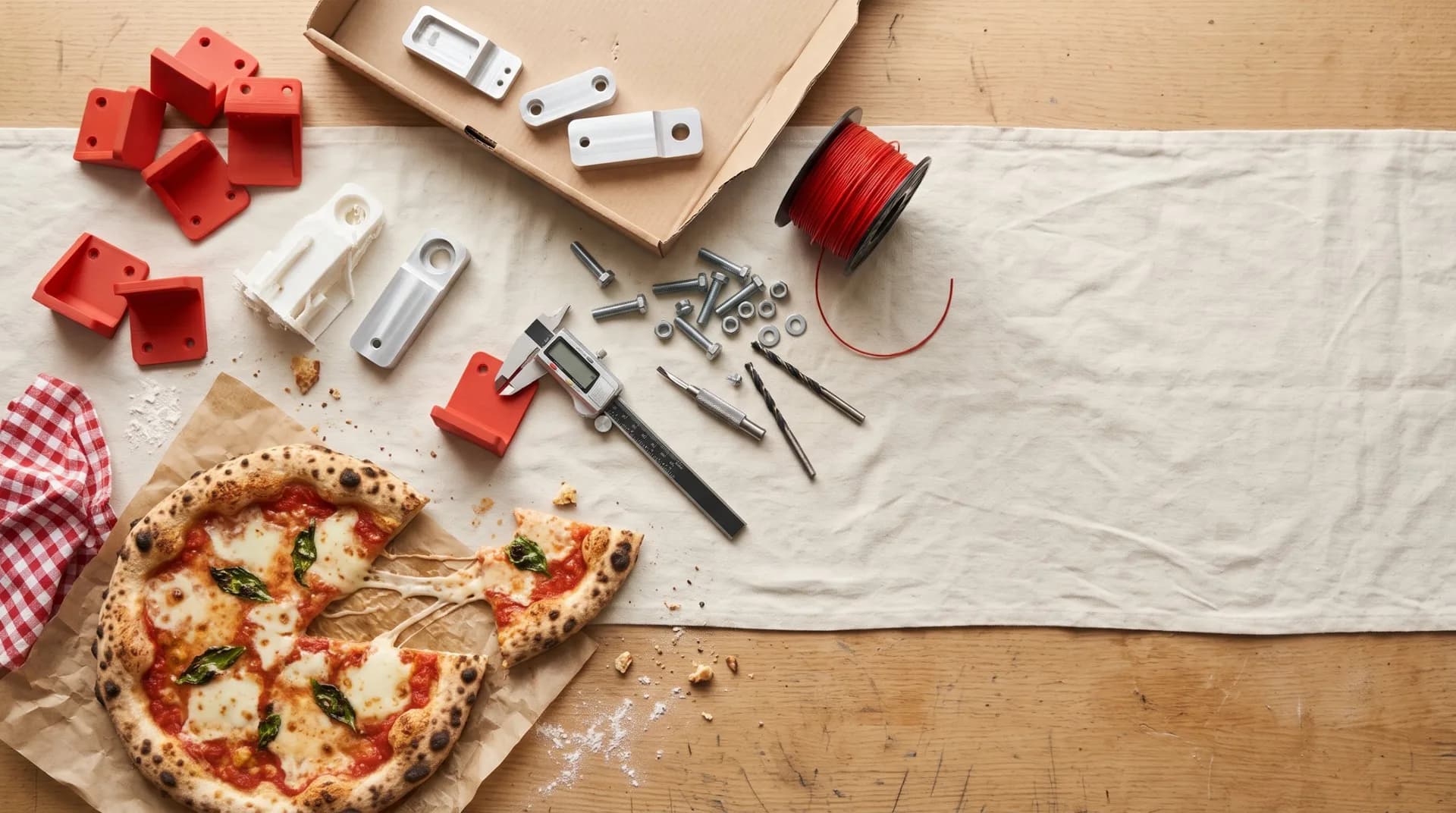 A wood-fired margherita beside machined aluminium brackets, red 3D-printed parts, a caliper and a spool of red filament on a workbench.